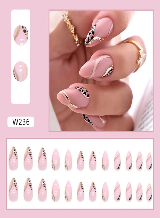 Vezocim Almond Shape Press-on Nails, 24Pcs Full Cover Reusable False Nails Kit, Acrylic Pink Glossy Finish, Leopard Print, French Style, Medium Length, W236 - Image 2