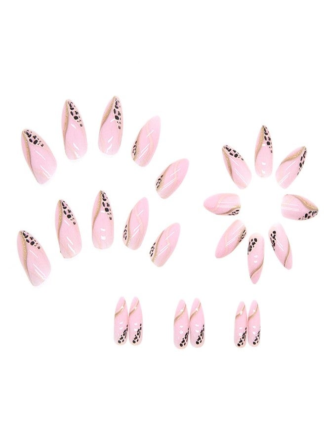 Vezocim Almond Shape Press-on Nails, 24Pcs Full Cover Reusable False Nails Kit, Acrylic Pink Glossy Finish, Leopard Print, French Style, Medium Length, W236 - Image 3