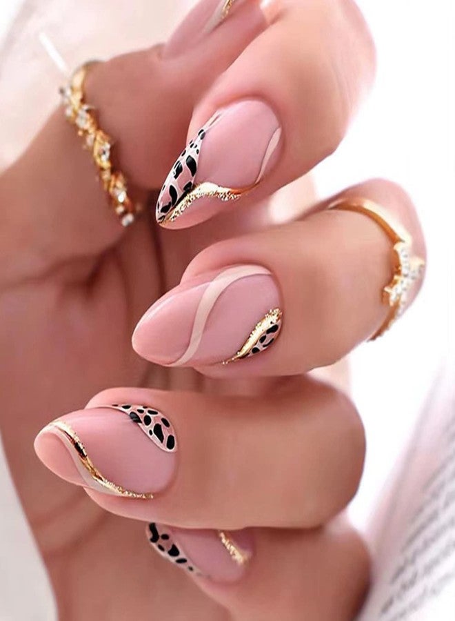 Vezocim Almond Shape Press-on Nails, 24Pcs Full Cover Reusable False Nails Kit, Acrylic Pink Glossy Finish, Leopard Print, French Style, Medium Length, W236 - Image 1