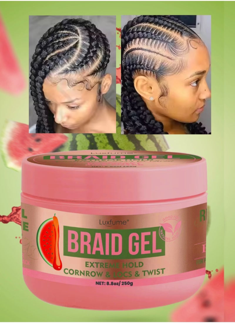 Luxfume 250g Braid Gel Watermelon Scent xtreme Hold Braids Gel for Cornrow Locks and Twist Braiding Gel with Rosemary Oil and Rice Water Frizz Control High Shine and Edge Control Braid Styling Gel  - Image 1