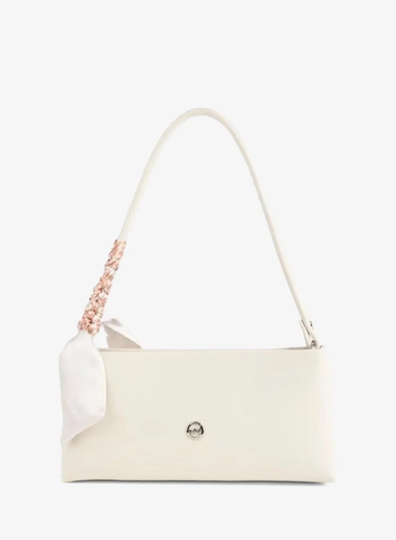 Women's Elegant Cream Faux Leather Baguette Hand and Shoulder Bag with Gifted Scarf and Zipper Closure.