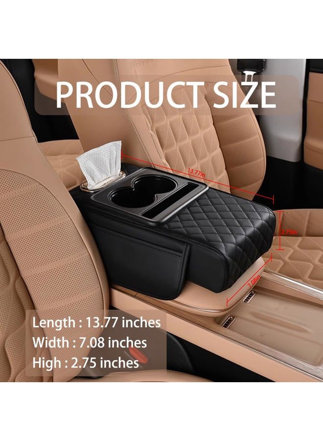 HZEL Car Center Console Cover, Leather Vehicle Armrest Cushion with Storage Bags, Cup Holder ＆ Tissue Box, Waterproof Auto Interior Arm Rest Seat Box Pad, Universal Fit (Black) - Image 2