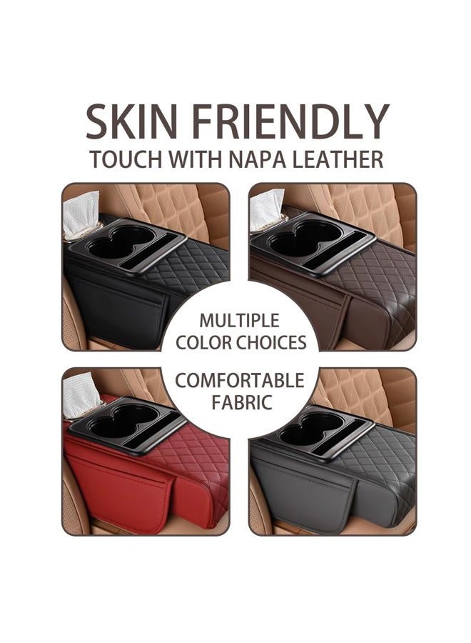 HZEL Car Center Console Cover, Leather Vehicle Armrest Cushion with Storage Bags, Cup Holder ＆ Tissue Box, Waterproof Auto Interior Arm Rest Seat Box Pad, Universal Fit (Black) - Image 4