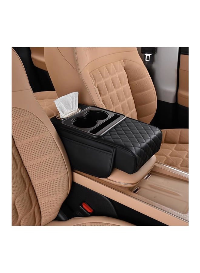 HZEL Car Center Console Cover, Leather Vehicle Armrest Cushion with Storage Bags, Cup Holder ＆ Tissue Box, Waterproof Auto Interior Arm Rest Seat Box Pad, Universal Fit (Black) - Image 1
