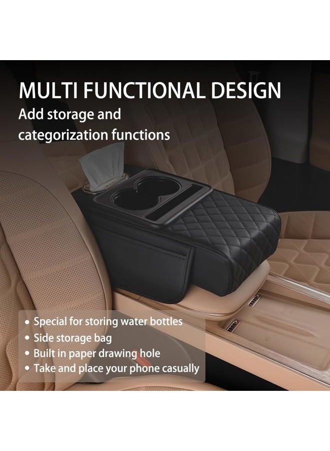 HZEL Car Center Console Cover, Leather Vehicle Armrest Cushion with Storage Bags, Cup Holder ＆ Tissue Box, Waterproof Auto Interior Arm Rest Seat Box Pad, Universal Fit (Black) - Image 3