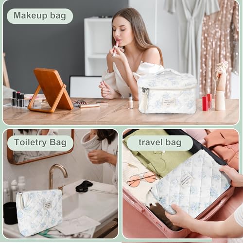 GISMTR 3Pcs Cotton Quilted Makeup Bag Large Travel Cosmetic Bag Coquette Makeup Pouch Cute Aesthetic Floral Toiletry Bag for Women Girls (flower-T) - Image 3