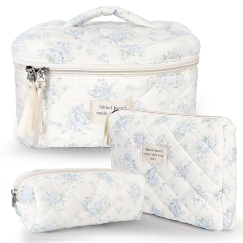 GISMTR 3Pcs Cotton Quilted Makeup Bag Large Travel Cosmetic Bag Coquette Makeup Pouch Cute Aesthetic Floral Toiletry Bag for Women Girls (flower-T) - Image 1