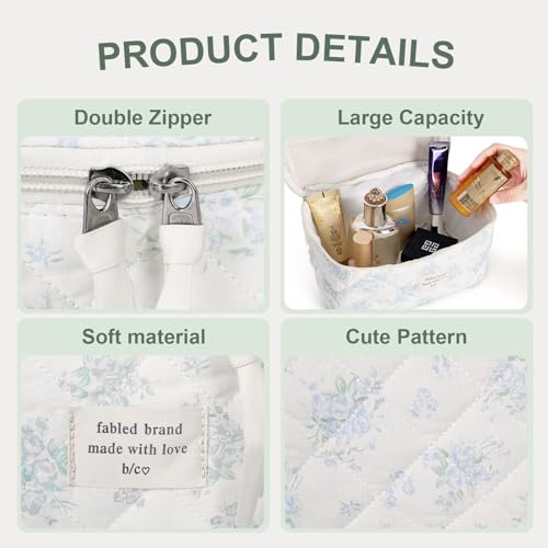 GISMTR 3Pcs Cotton Quilted Makeup Bag Large Travel Cosmetic Bag Coquette Makeup Pouch Cute Aesthetic Floral Toiletry Bag for Women Girls (flower-T) - Image 2