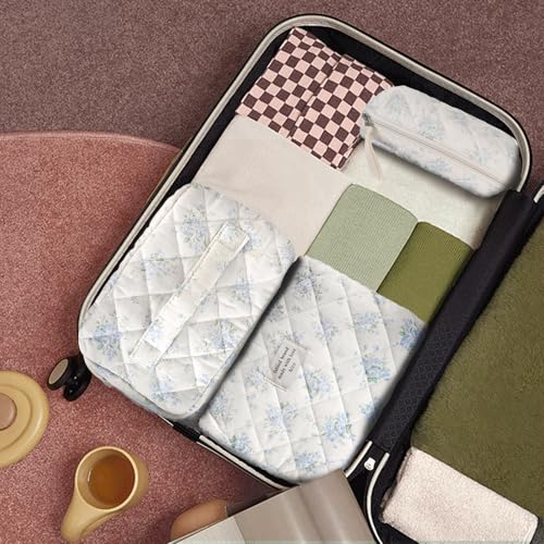 GISMTR 3Pcs Cotton Quilted Makeup Bag Large Travel Cosmetic Bag Coquette Makeup Pouch Cute Aesthetic Floral Toiletry Bag for Women Girls (flower-T) - Image 5