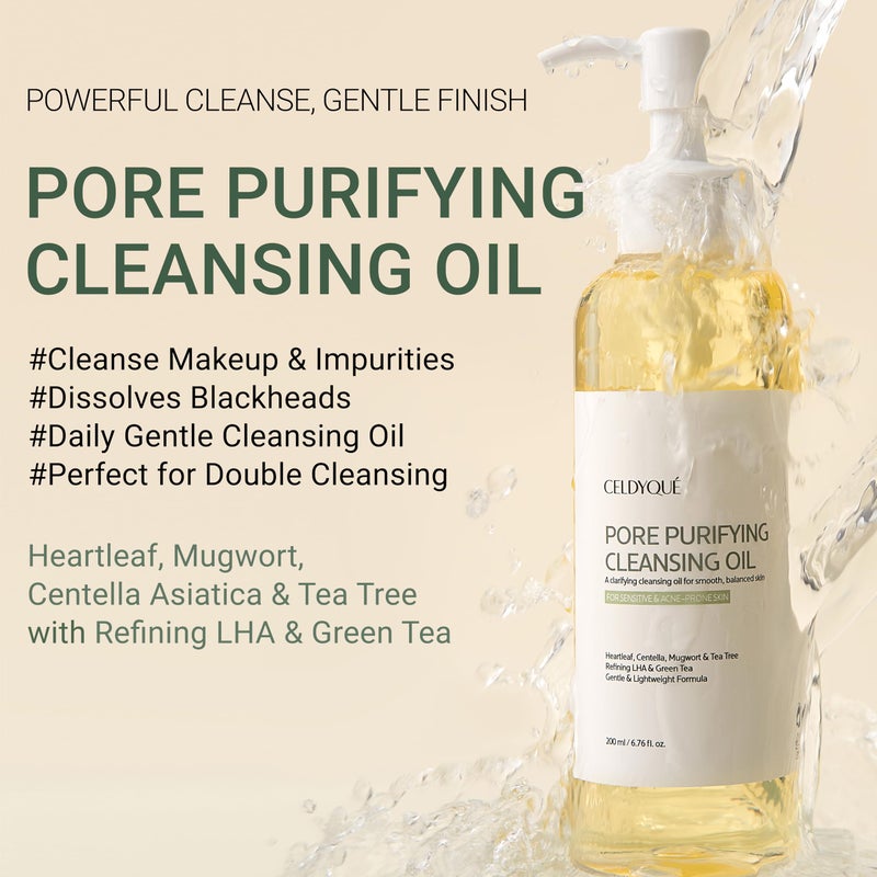 CELDYQUE Pore Purifying Cleansing Oil â€“ Korean Face Wash with Centella, Tea Tree, Green Tea & LHA â€“ Gentle Makeup Remover for Sensitive, Acne-Prone Skin, Deep Pore Cleanser, 6.76 fl oz - Image 2