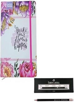 Generic Hard cover A5 Notebook with fuschia Elastic Band/Flowers"make your dreams happen" +12-Pieces Faber Castell Pencils 2112 with Eraser 