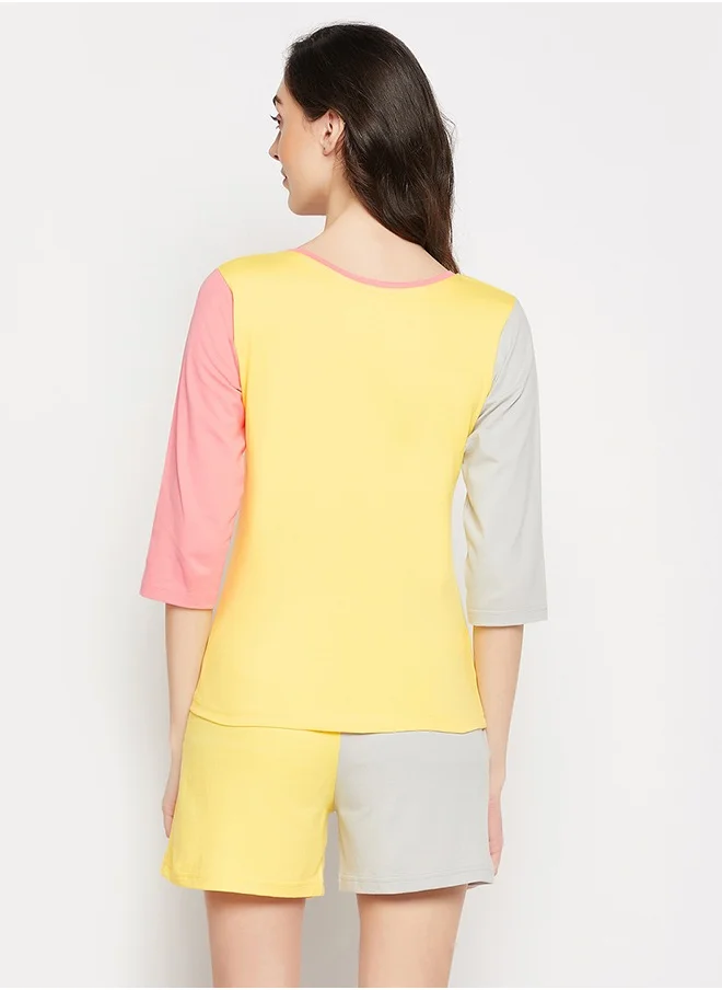 Clovia Clovia Graphic Print Colourblocked Top & Shorts Set in Yellow - 100% Cotton