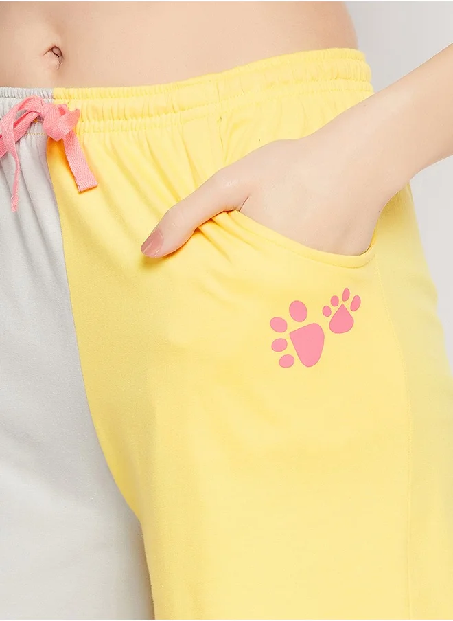 Clovia Clovia Graphic Print Colourblocked Top & Shorts Set in Yellow - 100% Cotton