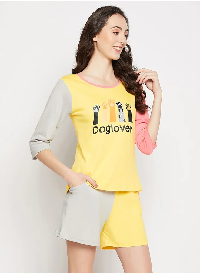 Clovia Clovia Graphic Print Colourblocked Top & Shorts Set in Yellow - 100% Cotton