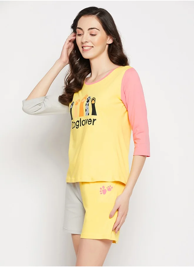Clovia Clovia Graphic Print Colourblocked Top & Shorts Set in Yellow - 100% Cotton