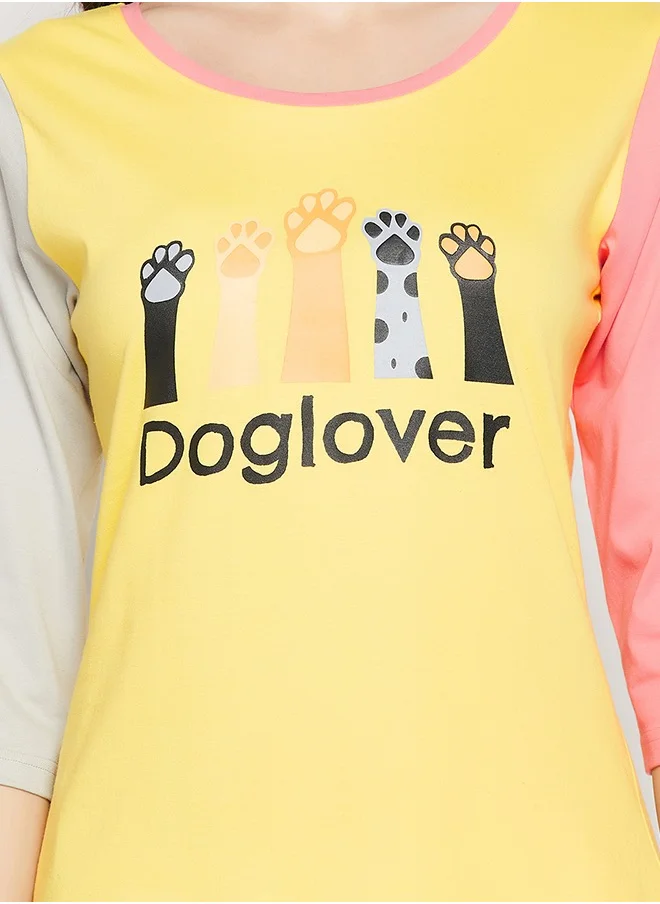 Clovia Clovia Graphic Print Colourblocked Top & Shorts Set in Yellow - 100% Cotton