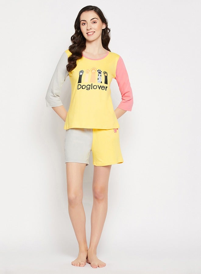 Clovia Graphic Print Colourblocked Top & Shorts Set in Yellow - 100% Cotton - Image 1