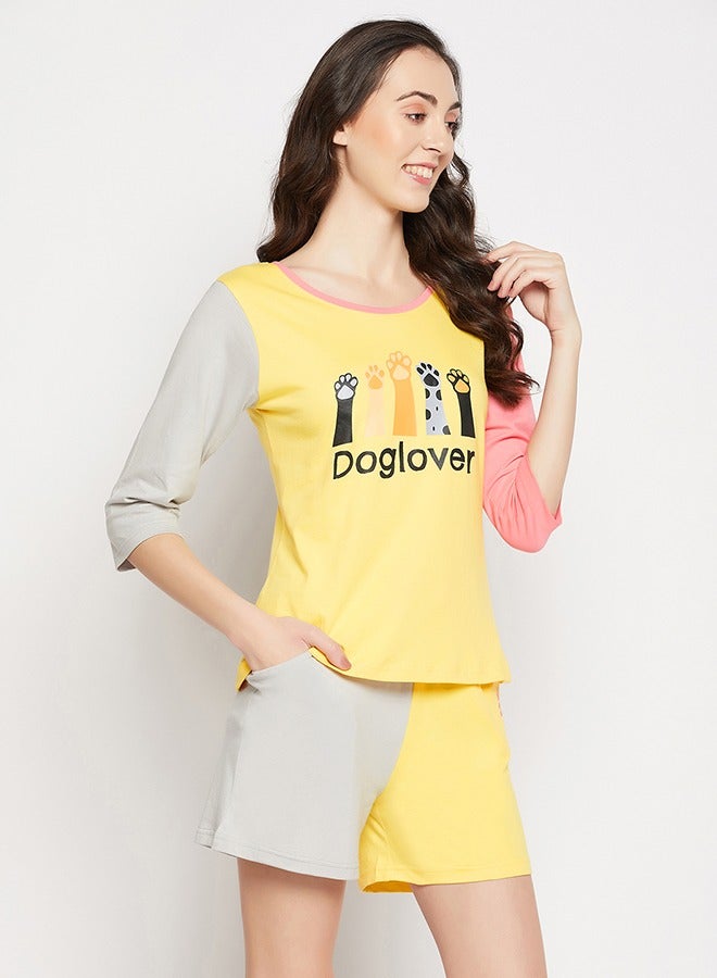 Clovia Graphic Print Colourblocked Top & Shorts Set in Yellow - 100% Cotton - Image 4