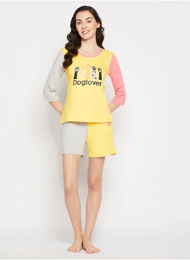 Clovia Clovia Graphic Print Colourblocked Top & Shorts Set in Yellow - 100% Cotton