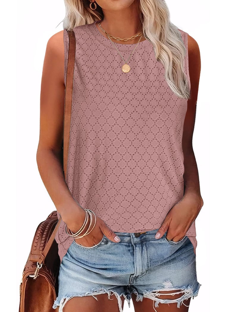 Sampeel Flowy Tank Tops for Women Crew Neck Spring Summer Blouses Tops Loose Casual Shirts Athletic Pink S - Image 2