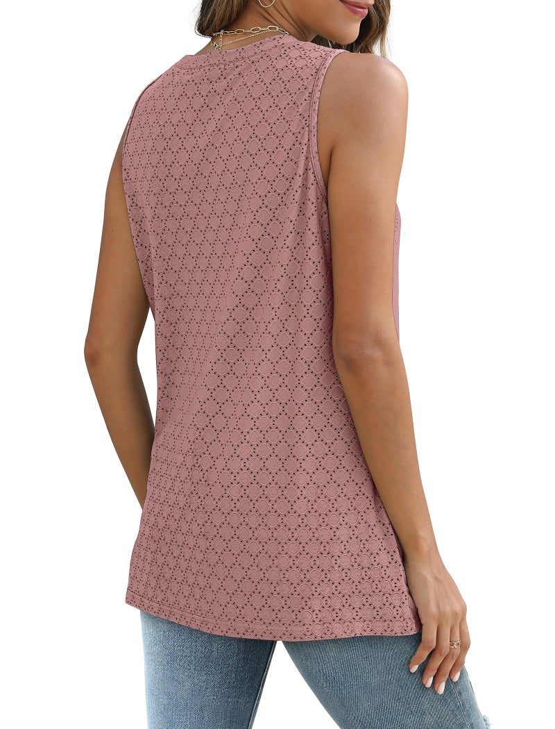 Sampeel Flowy Tank Tops for Women Crew Neck Spring Summer Blouses Tops Loose Casual Shirts Athletic Pink S - Image 5