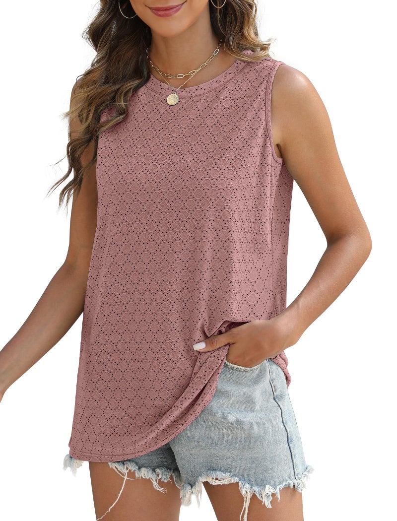 Sampeel Flowy Tank Tops for Women Crew Neck Spring Summer Blouses Tops Loose Casual Shirts Athletic Pink S - Image 4
