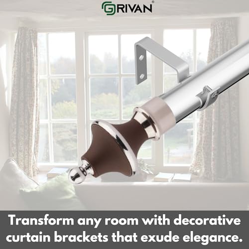 GRIVAN Stainless Steel & ABS Curtain Bracket Parda Holder with Support 1 Inch Rod Pocket Finials Designer Door and Window Rod Support Fittings, Curtain Rod Holder (Pair of 5 , Dark Brown ) - Image 5