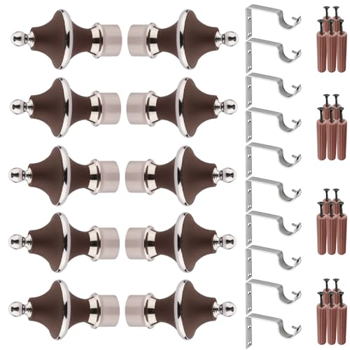 GRIVAN Stainless Steel & ABS Curtain Bracket Parda Holder with Support 1 Inch Rod Pocket Finials Designer Door and Window Rod Support Fittings, Curtain Rod Holder (Pair of 5 , Dark Brown ) - Image 1