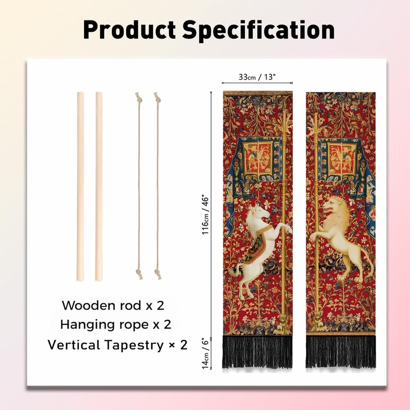 PLIGREAT 2 Pack Horse Lion Tapestry Vertical Vintage Art Wall Hanging with Tassels Aesthetic Wall Tapestry for Bedroom Living Room Long Narrow Home Art Decor Gift - Image 3