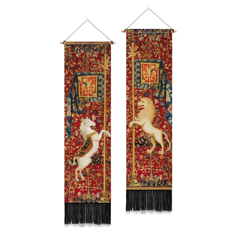 PLIGREAT 2 Pack Horse Lion Tapestry Vertical Vintage Art Wall Hanging with Tassels Aesthetic Wall Tapestry for Bedroom Living Room Long Narrow Home Art Decor Gift - Image 1