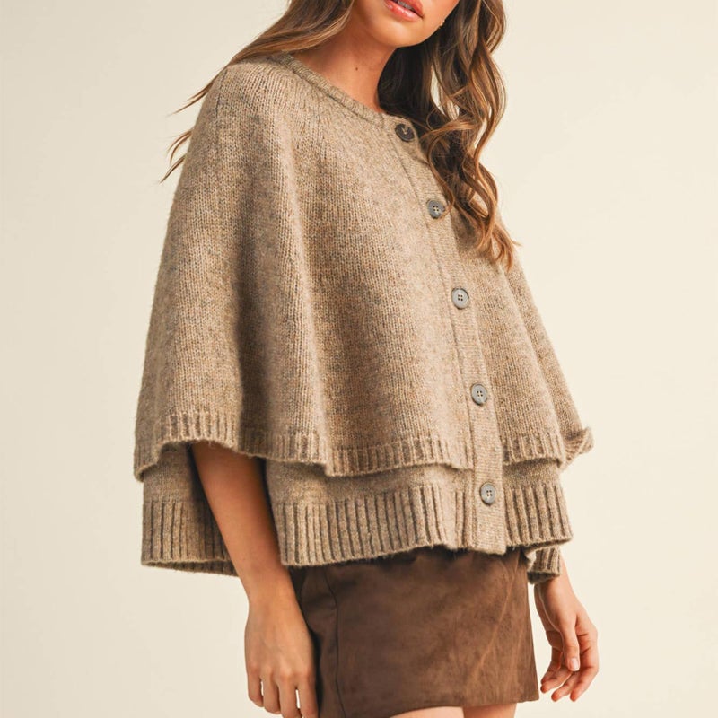 HOULENGS Women's Round Neck Knitted Shawl Cardigan Sweater Half Sleeve Button Cropped Cape Sweater Coat Khaki Small - Image 4