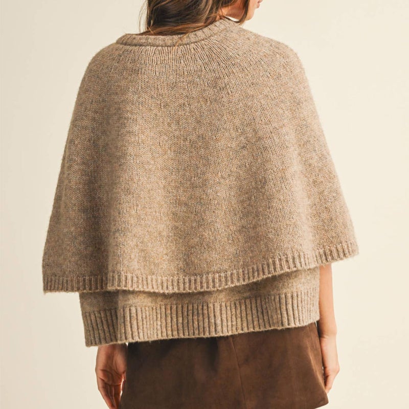 HOULENGS Women's Round Neck Knitted Shawl Cardigan Sweater Half Sleeve Button Cropped Cape Sweater Coat Khaki Small - Image 2