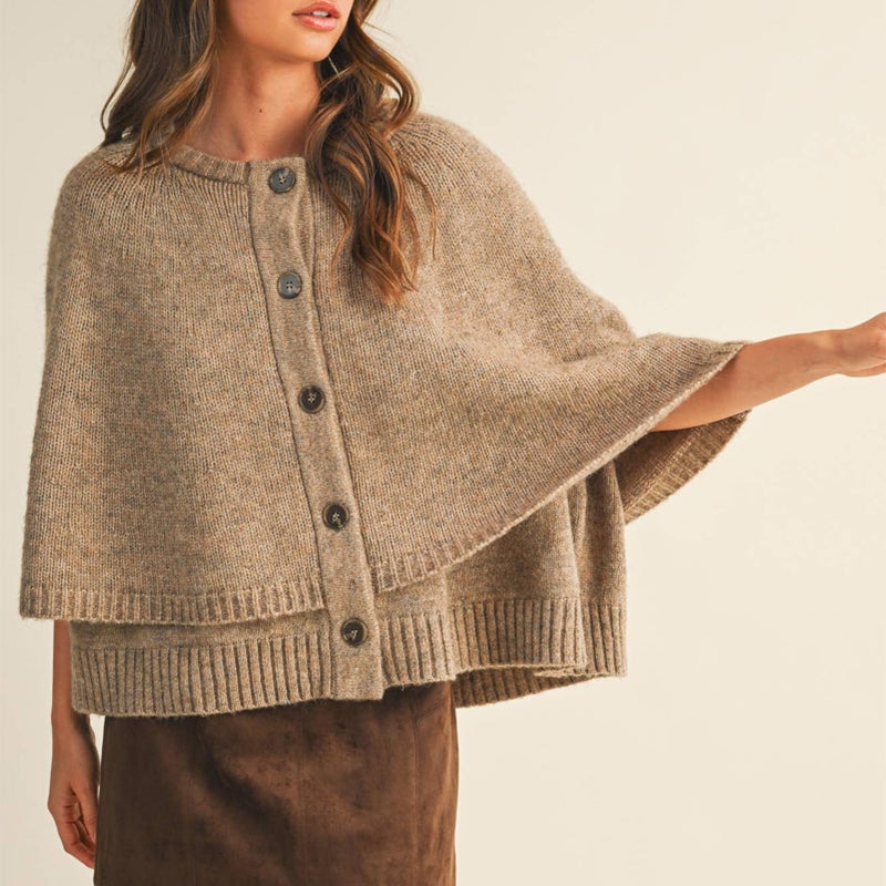 HOULENGS Women's Round Neck Knitted Shawl Cardigan Sweater Half Sleeve Button Cropped Cape Sweater Coat Khaki Small - Image 5