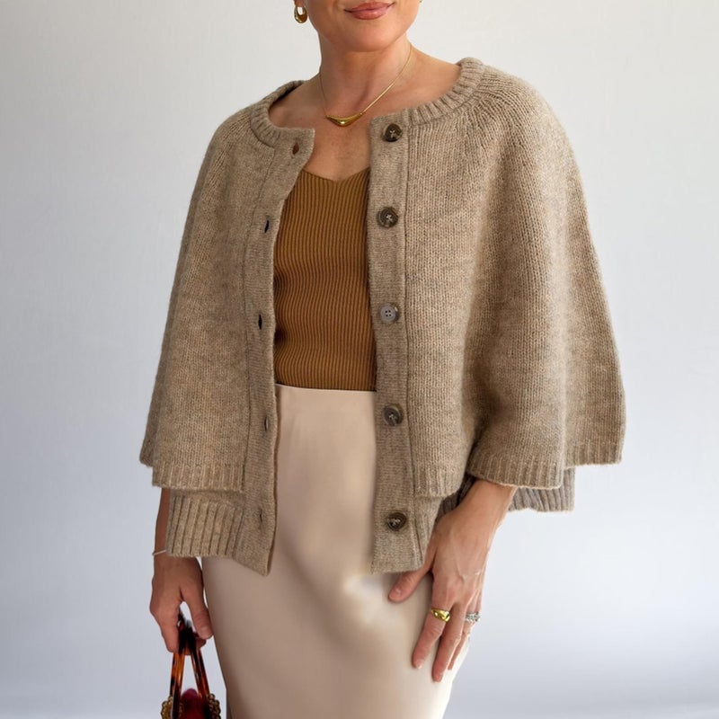 HOULENGS Women's Round Neck Knitted Shawl Cardigan Sweater Half Sleeve Button Cropped Cape Sweater Coat Khaki Small - Image 3