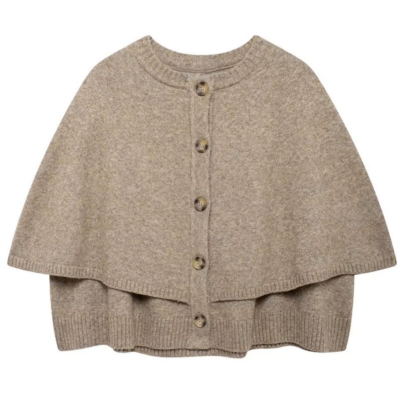HOULENGS Women's Round Neck Knitted Shawl Cardigan Sweater Half Sleeve Button Cropped Cape Sweater Coat Khaki Small - Image 1