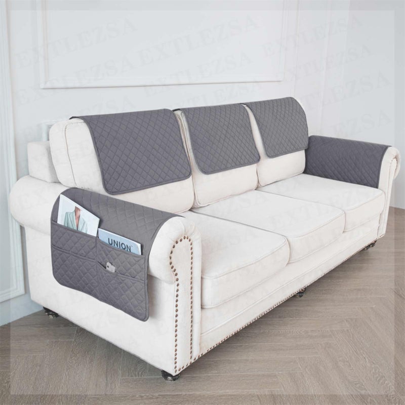 EXTLEZSA Sofa Armrest Covers Headrest Cover Waterproof Nonslip Sofa Slipcover with Side Pocket for Armchair,Chair, Sofa (Grey,1 Seater (3pcs)) - Image 2