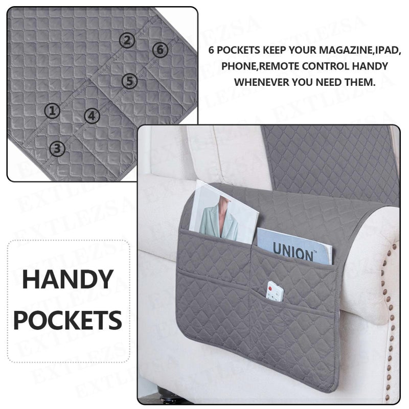 EXTLEZSA Sofa Armrest Covers Headrest Cover Waterproof Nonslip Sofa Slipcover with Side Pocket for Armchair,Chair, Sofa (Grey,1 Seater (3pcs)) - Image 3