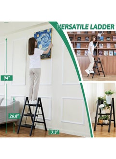 Generic 3 Step Ladder Folding Step Stool, Full Steel Folding Step Stool,Heavy Duty 330 Lbs Load Step Ladders for Home, Home Multi-use Portable  Ladder ,Tall Kitchen/Closet Stepladder for Adults, Black Small & Lightweight Ladder with Anti-Slip Wide Pedals  - Image 2
