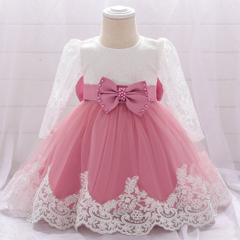 2024 European and American New Baby Long Sleeve Bow Poncho Yarn Baby One-year-old Childrens Dress Baby and toddler Princess Dress L1940XZ-bean powder 