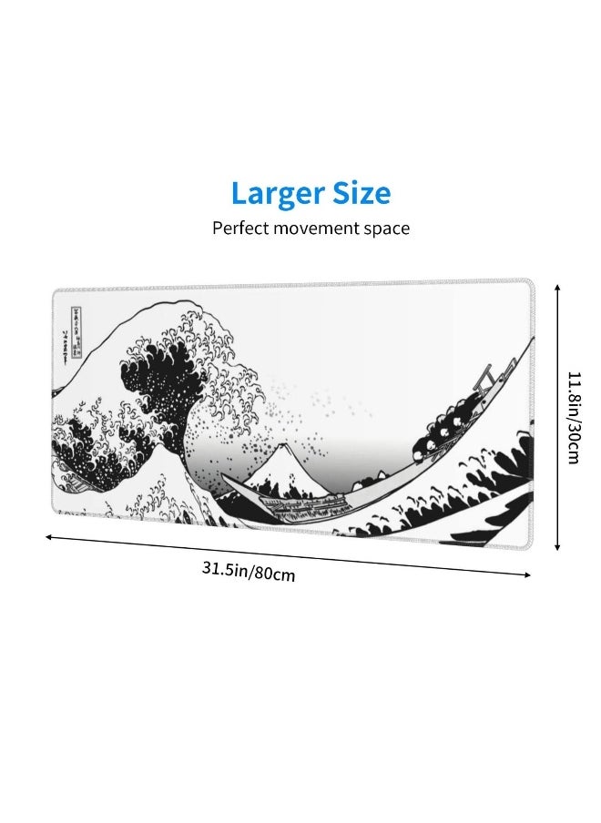 Generic - Mouse Pad, Large Gaming Mousepad XL Japanese Wave Anime Desk Mat Mouse Pad Long 31.5x11.8 In Extended Big White Mouse Pad Waterproof Desk Pad with Non-Slip Base and Stitched Edges - Image 1