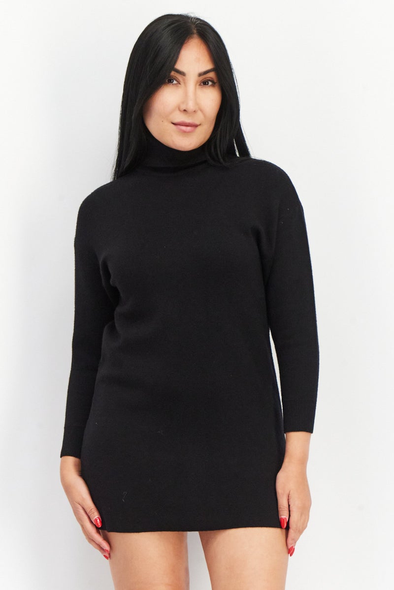 Don't Call Me Jennyfer Women Turtle Neck Long Sleeve Knitted Sweater Dress, Black - Image 1