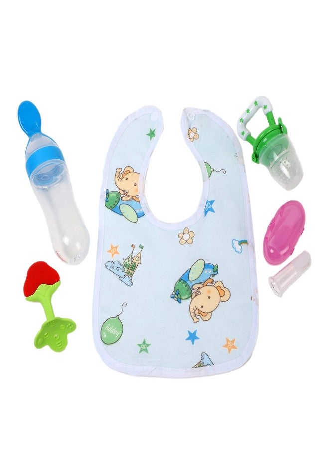 ROFORUF Silicone Baby Fruit Feeder Pacifier, 90ml Spoon Feeder Bottle, Silicone Teether Toy, Finger Toothbrush with Case & Tongue Cleaner, Waterproof Bib BPA Free 0–24 Months | Baby Essentials (combo 5 multi) - Image 1