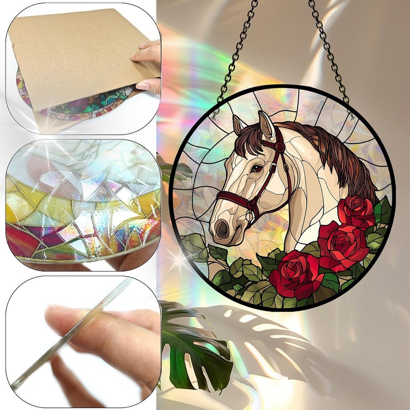 Bimkole Horse Sun Catchers – زينة شمسية أكريليكية للنوافذ الداخلية، تحتوي على رسوم للخيول والزهور، مناسبة لغرف المعيشة والنوم، المنازل الصيفية، الشرفات، والحدائق الخارجية. مقاسها 7.8×7.8 بوصة. - Image 3