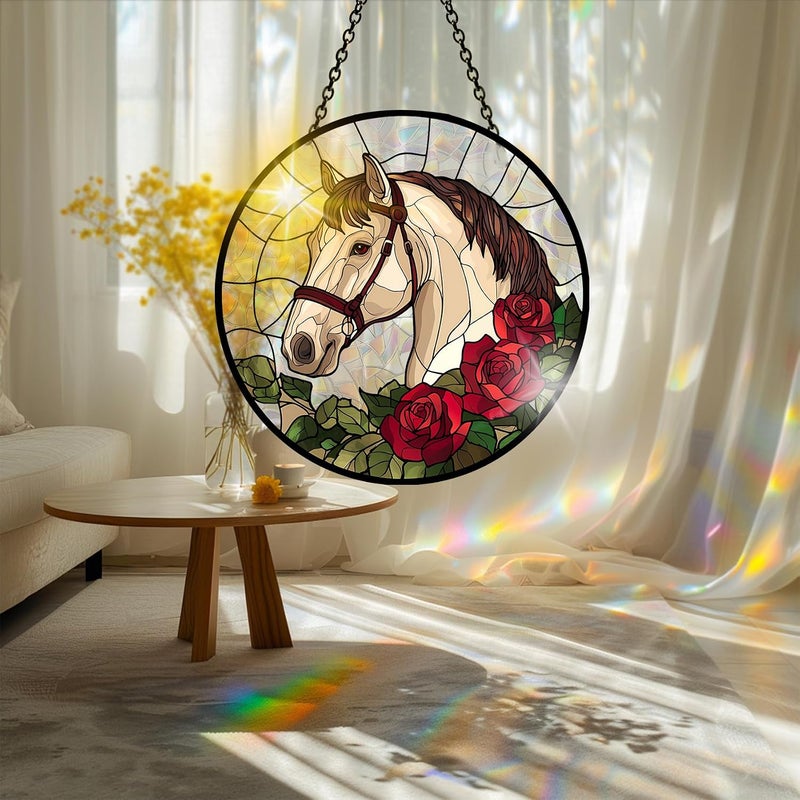 Bimkole Horse Sun Catchers – زينة شمسية أكريليكية للنوافذ الداخلية، تحتوي على رسوم للخيول والزهور، مناسبة لغرف المعيشة والنوم، المنازل الصيفية، الشرفات، والحدائق الخارجية. مقاسها 7.8×7.8 بوصة. - Image 4