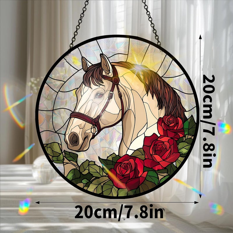 Bimkole Horse Sun Catchers – زينة شمسية أكريليكية للنوافذ الداخلية، تحتوي على رسوم للخيول والزهور، مناسبة لغرف المعيشة والنوم، المنازل الصيفية، الشرفات، والحدائق الخارجية. مقاسها 7.8×7.8 بوصة. - Image 2