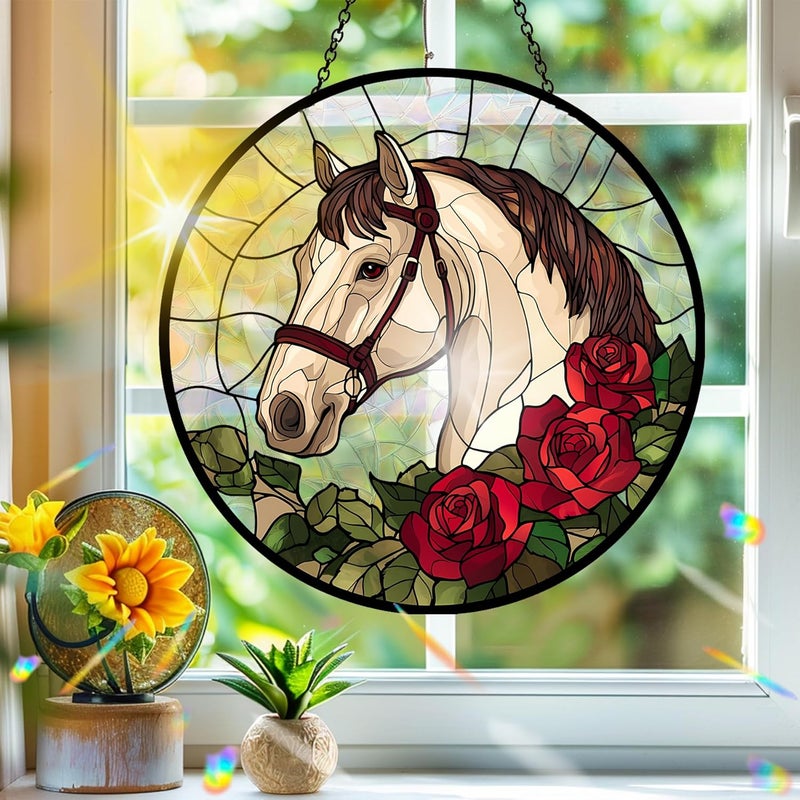 Bimkole Horse Sun Catchers – زينة شمسية أكريليكية للنوافذ الداخلية، تحتوي على رسوم للخيول والزهور، مناسبة لغرف المعيشة والنوم، المنازل الصيفية، الشرفات، والحدائق الخارجية. مقاسها 7.8×7.8 بوصة. - Image 1