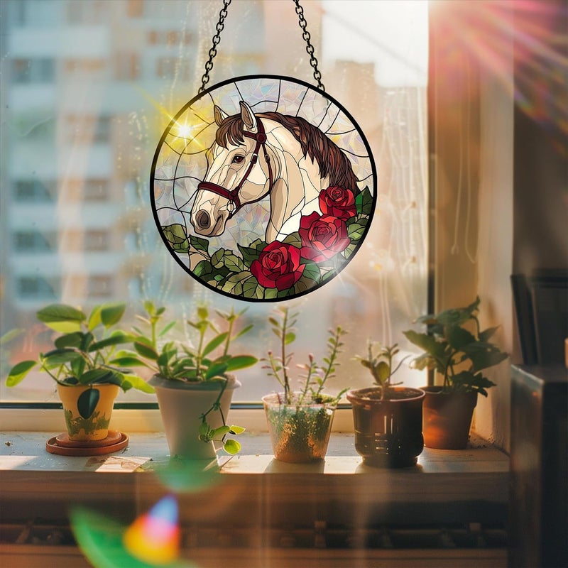 Bimkole Horse Sun Catchers – زينة شمسية أكريليكية للنوافذ الداخلية، تحتوي على رسوم للخيول والزهور، مناسبة لغرف المعيشة والنوم، المنازل الصيفية، الشرفات، والحدائق الخارجية. مقاسها 7.8×7.8 بوصة. - Image 5