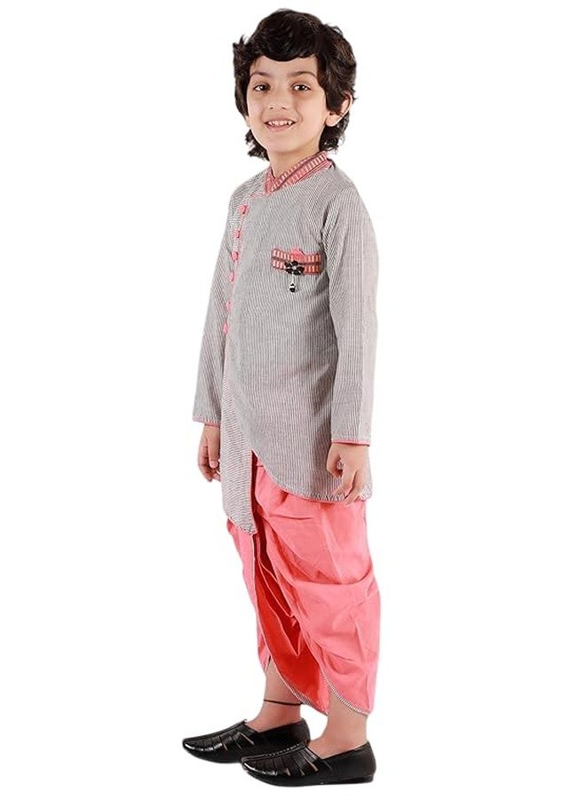 Twisha Boys Cotton Asymmetrical Kurta & Dhoti Pants Set - Grey & Peach - Image 1