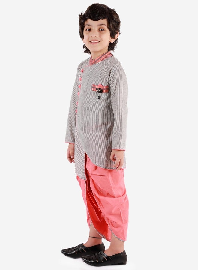 Twisha Boys Cotton Asymmetrical Kurta & Dhoti Pants Set - Grey & Peach - Image 2