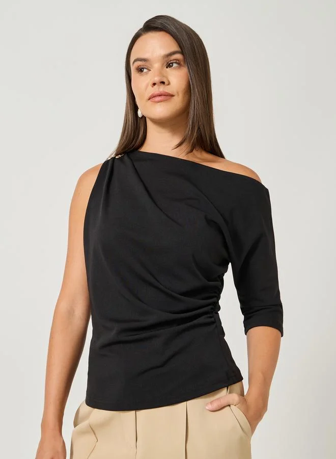 Styli Styli Ruched Asymmetric Neckline Fitted Top with Metal Trim